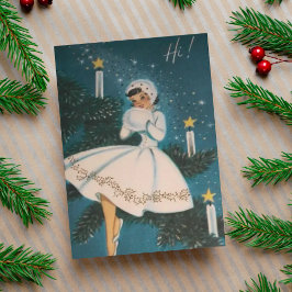 Tarjeta Festiva Chica retro vintage en Navidades blancos