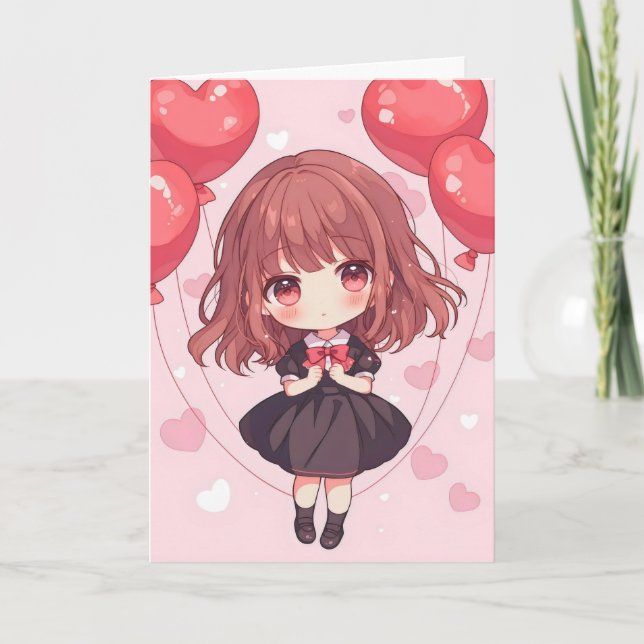 Tarjeta Festiva Chica Rosa Anime Cute (Anverso)