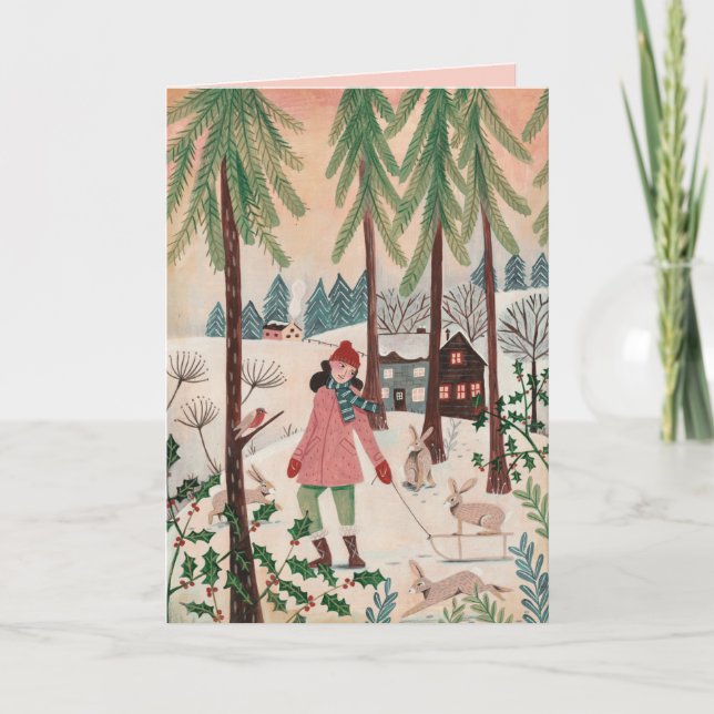 Tarjeta Festiva Chica rosa y verde y paisajes de nieve de conejos (Anverso)