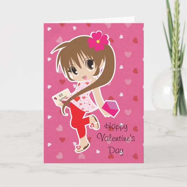 Tarjeta Festiva Chica rosado lindo de Chibi del el día de San (Anverso)