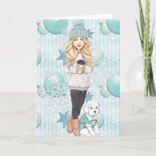 Tarjeta Festiva Chica rubio con el perrito blanco