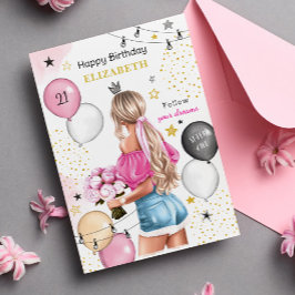 Tarjeta Festiva Chica rubio globos de oro rosado Feliz cumpleaños