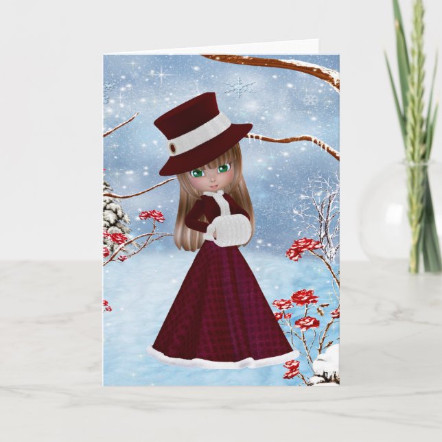 Tarjeta Festiva Chica rubio, Navidades, Nieve (Anverso)