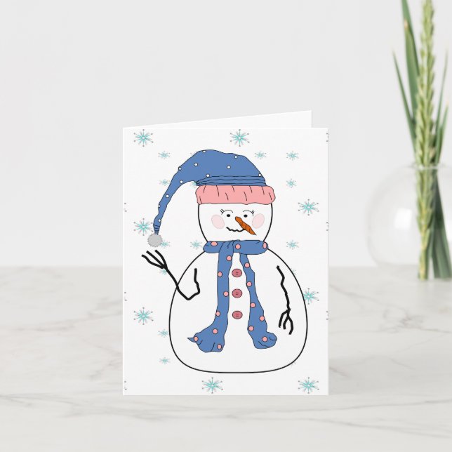 Tarjeta Festiva Chica Snowman, Nieve y arte primitivo caprichoso (Anverso)