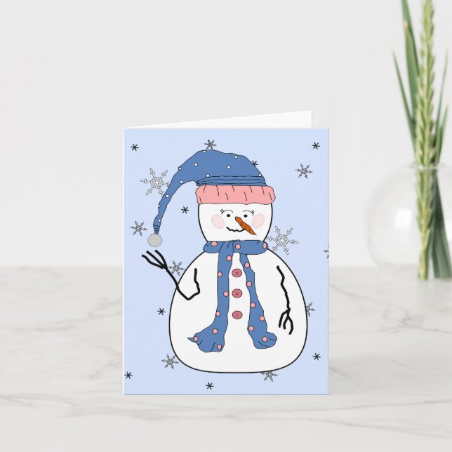 Tarjeta Festiva Chica Snowman, Nieve y arte primitivo caprichoso (Anverso)