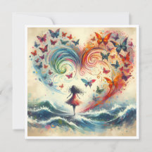 Chica sobre olas del océano con mariposas