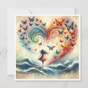 Tarjeta Festiva Chica sobre olas del océano con mariposas
