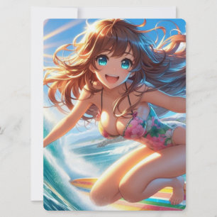 Tarjeta Festiva Chica surfista de anime costero/naútico/tropical