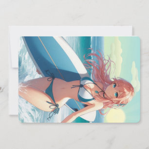 Tarjeta Festiva Chica surfista de anime costero/naútico/tropical