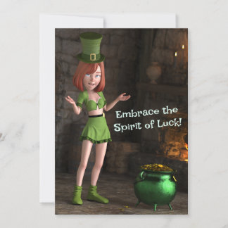 Tarjeta Festiva Chica Toon Duende Junto a la Olla de Oro