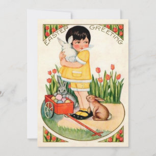 Tarjeta Festiva Chica Vintage con conejos y huevos de Pascua