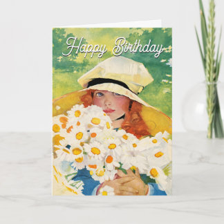 Tarjeta Festiva Chica Vintage con Margaritas