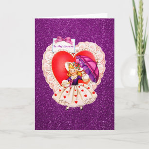 Tarjeta Festiva Chica Vintage Corazón de encaje sosteniendo paragu