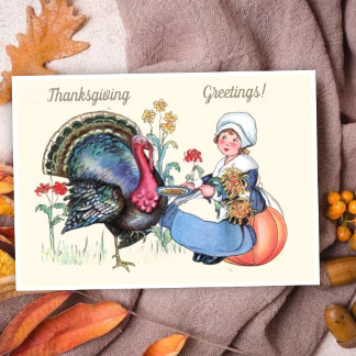 Tarjeta Festiva Chica vintage de Acción de Gracias con pavo y cose