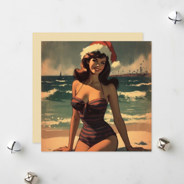 Tarjeta Festiva Chica vintage en la playa y Santa Hat Retro Pin Up (Anverso/Reverso In Situ)