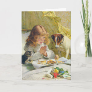 Tarjeta Festiva Chica Vintage Rezando con Arte de Gato y Perro Sus