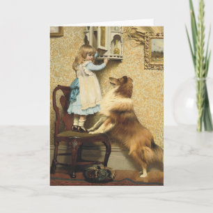 Tarjeta Festiva Chica Vintage y Arte de Perro Sheltie Lugar Secret