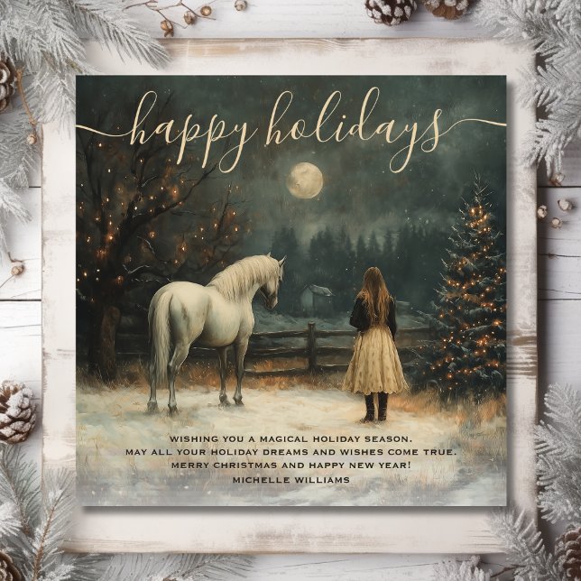 Tarjeta Festiva Chica y caballo | Navidades de invierno de Luna Ll (Front - Girl and Horse  Full Moon Winter Christmas Holiday Card)
