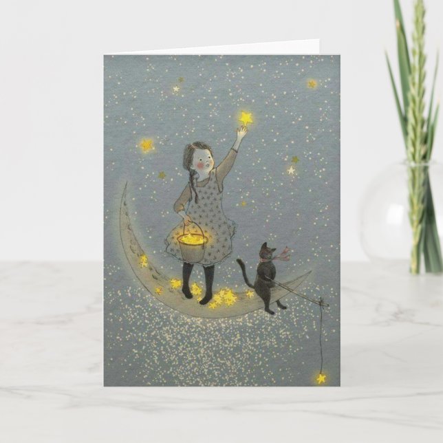 Tarjeta Festiva Chica y gato en la luna y las estrellas (Anverso)