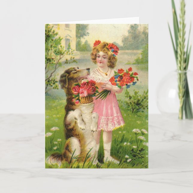 Tarjeta Festiva Chica y perro Día de San Valentín de cosecha (Anverso)