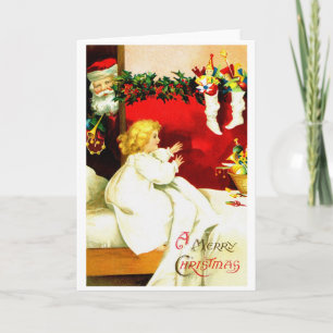 Tarjeta Festiva Chica y Santa en la víspera de Navidades