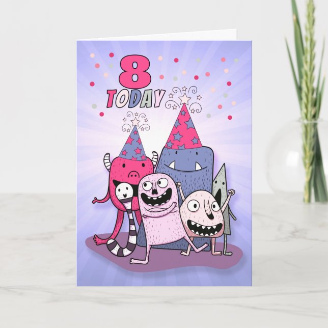 Tarjeta Festiva Chicas 8 Monstruos Personalizados morados rosados (Anverso)