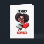 Tarjeta Festiva Chicas afroamericanos abuelos para siempre lindos<br><div class="desc">Un adorable chica afroamericano con el más lindo estilo afro sonríe ampliamente y sostiene un globo de corazón rojo hasta la mejilla. Lleva un vestido de manga corta de rayas azul pálido y blanco y zapatos rojos de bonito. Las palabras "besties eternamente" aparecen en un texto negro y rojo en...</div>
