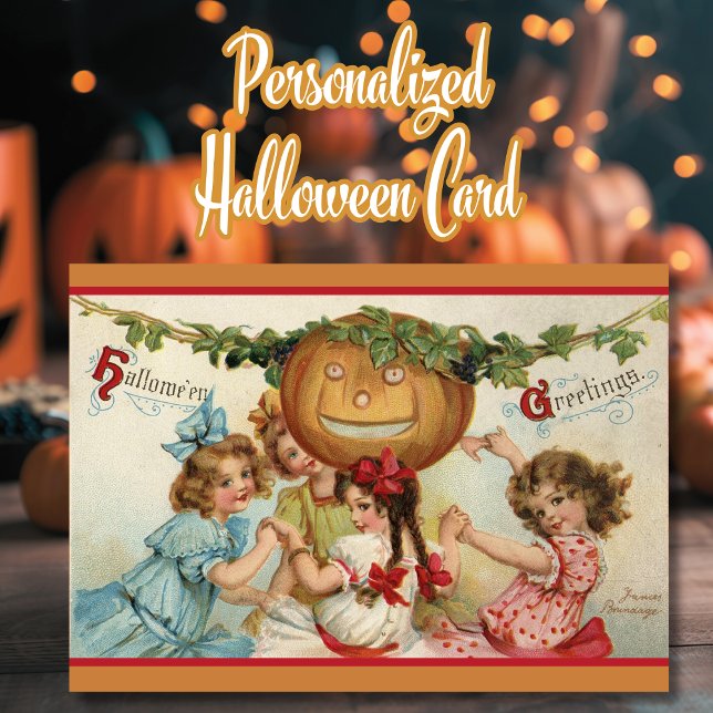 Tarjeta Festiva Chicas de época con Personalizado de calabaza Hall (Vintage Pretty Girls with Pumpkin Custom Halloween Card with editable message. Just add your name!)