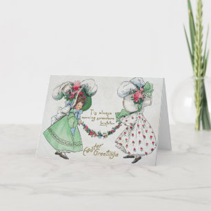 Tarjeta Festiva Chicas de época vestidos con Gorras de Semana Sant
