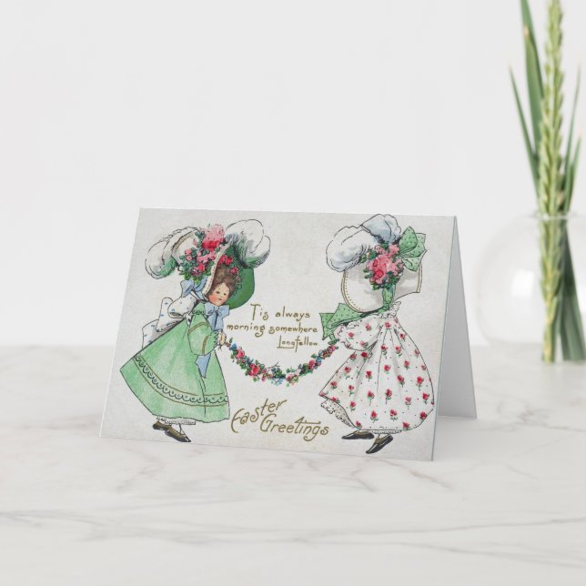 Tarjeta Festiva Chicas de época vestidos con Gorras de Semana Sant (Anverso)