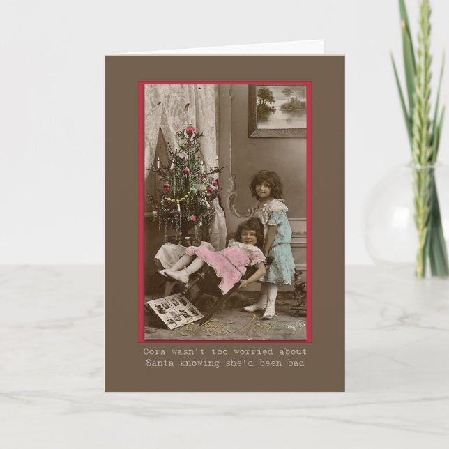 Tarjeta Festiva chicas de navidades victorianos jugando al humor (Anverso)
