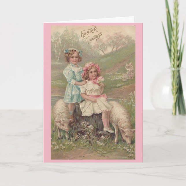 Tarjeta Festiva Chicas de Pascua Vintage y Lambs (Anverso)