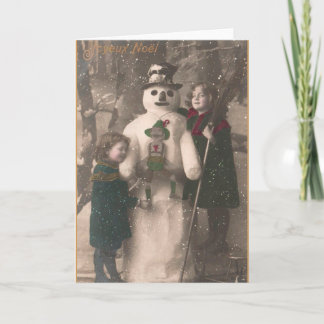 Tarjeta Festiva Chicas navidades y foto de Snowman Vintage