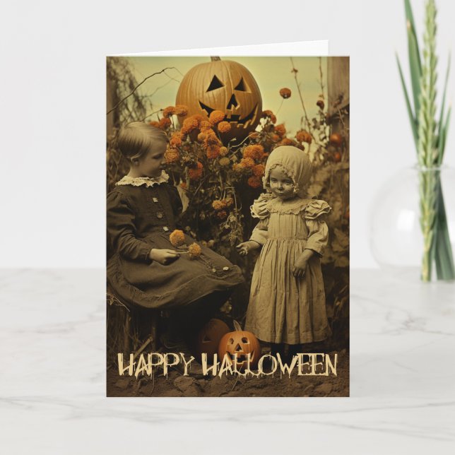 Tarjeta Festiva Chicas retro de Halloween espeluznantes con calaba (Anverso)