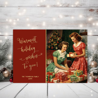 Tarjeta Festiva Chicas retro preparando regalos con un árbol de Na