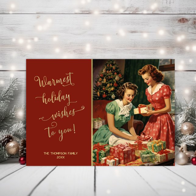 Tarjeta Festiva Chicas retro preparando regalos con un árbol de Na (Subido por el creador)