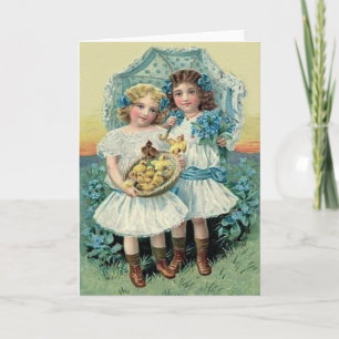 Tarjeta Festiva Chicas Victorianas Easter Chick Forget Me Not Para