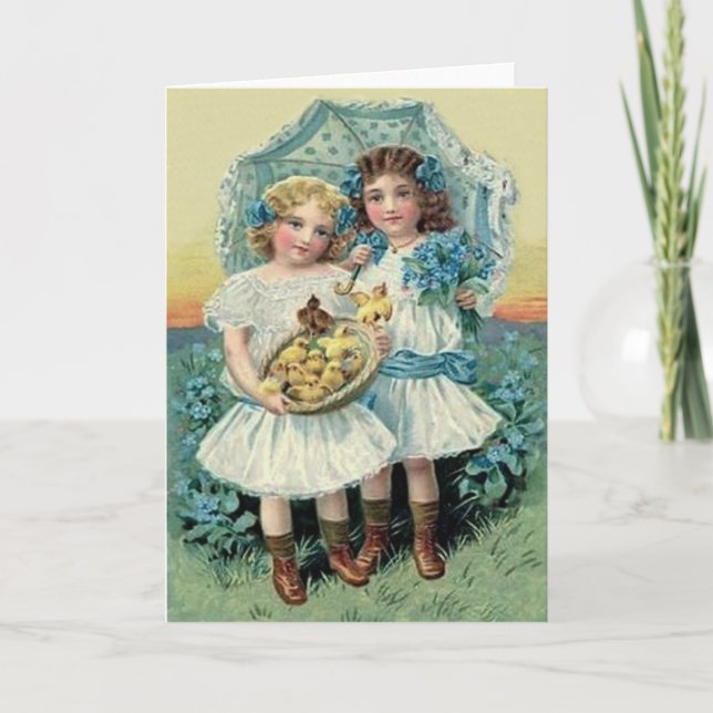 Tarjeta Festiva Chicas victorianos Chick de Pascua Me Olvidan No A (Anverso)