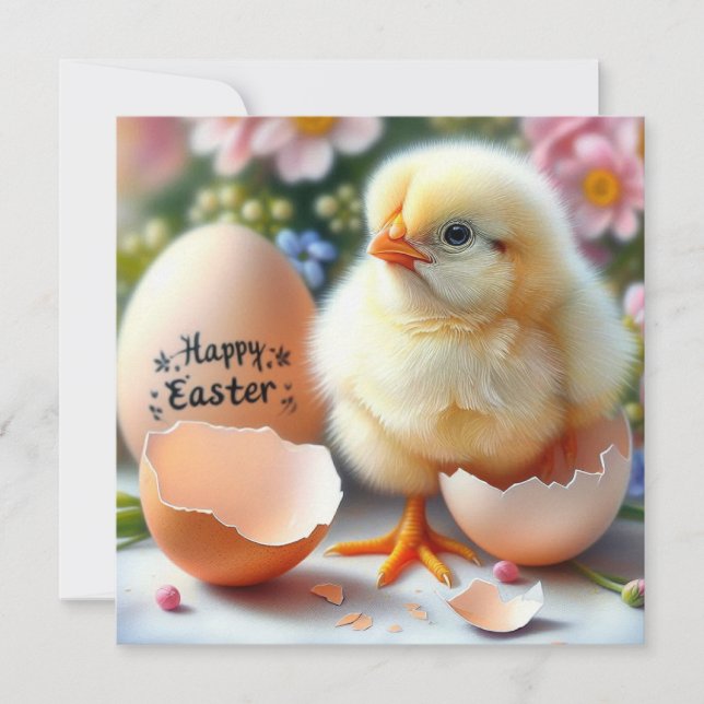 Tarjeta Festiva Chick de Pascua emerge de la concha de huevo (Anverso)