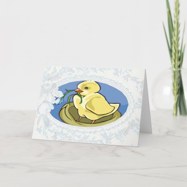 Tarjeta Festiva Chick Holding Flower Easter Card (Anverso)