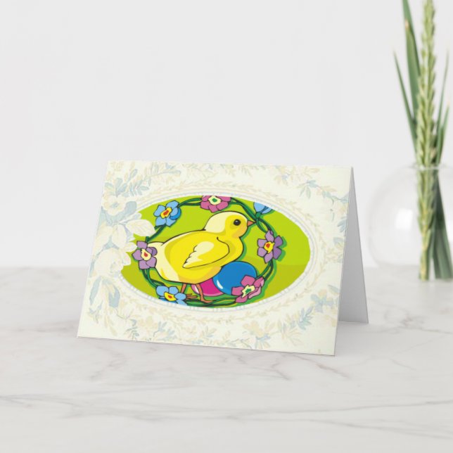 Tarjeta Festiva Chick In Circle Of Flowers Easter Card (Anverso)