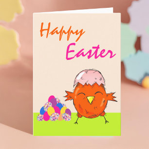 Tarjeta Festiva Chick lindo con huevos de Pascua Feliz Pascua