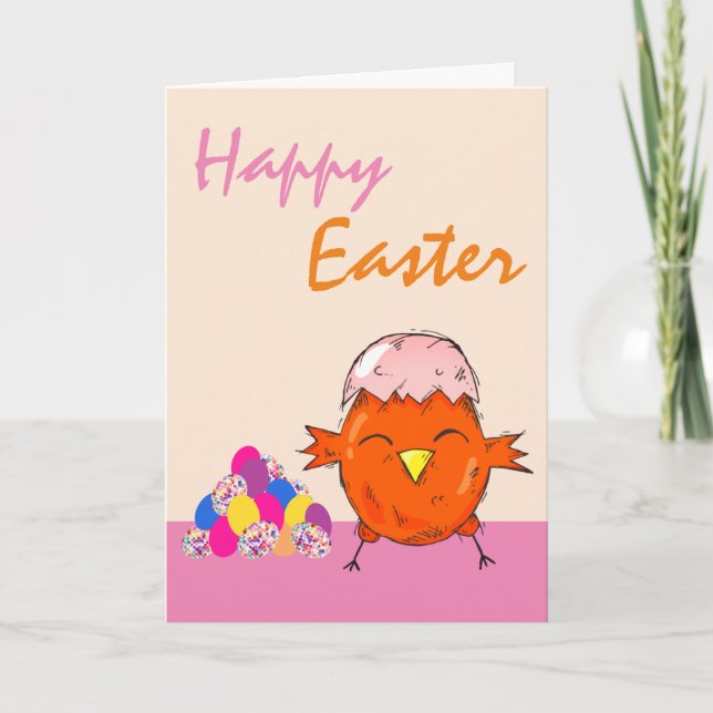 Tarjeta Festiva Chick lindo con huevos de Pascua Feliz Pascua (Anverso)