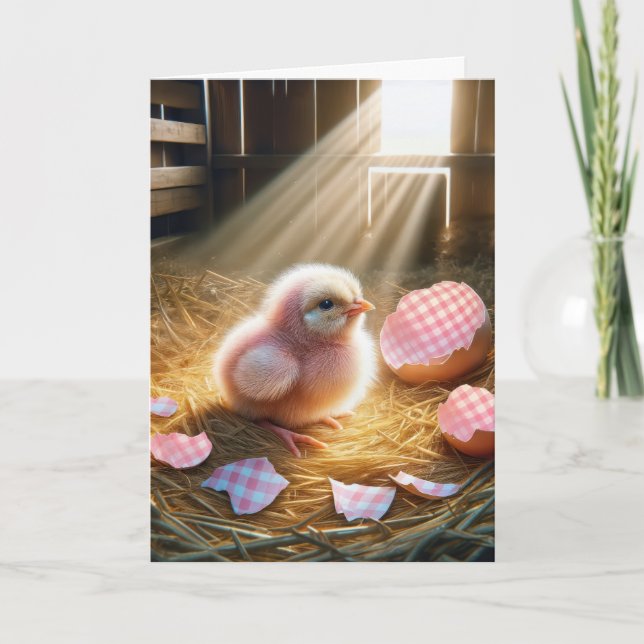 Tarjeta Festiva Chick Rosa De Pascua Con Gemolina De Gingham (Anverso)