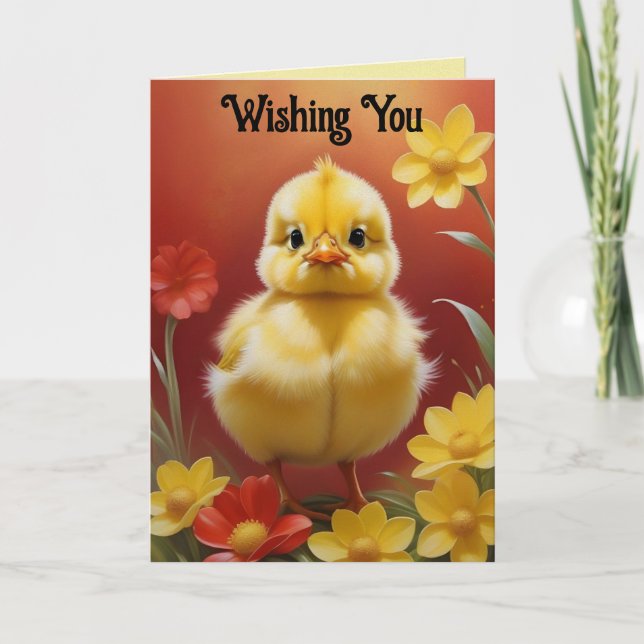 Tarjeta Festiva Chick With Flowers Easter Card (Anverso)