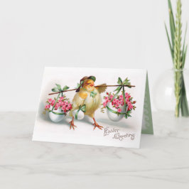 Tarjeta Festiva Chick y flores de Pascua