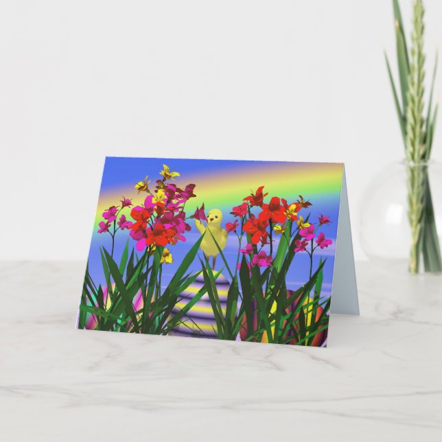 Tarjeta Festiva Chick y flores de Pascua (Anverso)