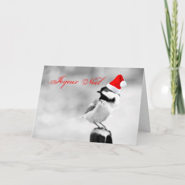 Tarjeta Festiva Chickadee de Joyeux Noel Santa (Anverso)