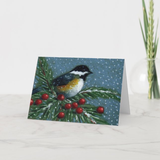 TARJETA FESTIVA CHICKADEE EN LA RAMA DE PINO DE NOVEDAD (Anverso)