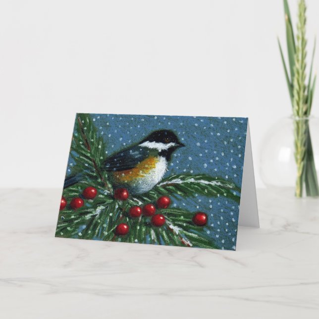 TARJETA FESTIVA CHICKADEE EN RAMA DEL PINO NEVADO (Anverso)